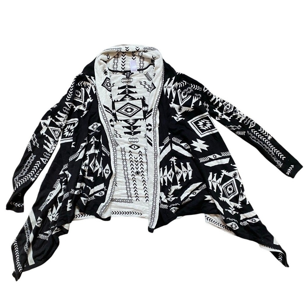 HM Divided Womens XS Black White Geometric Tribal Open Front Cardigan Sweater